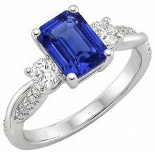 Afbeelding in Gallery-weergave laden, Solitaire met accenten 3 stenen ring blauwe saffier 4,25 karaat
