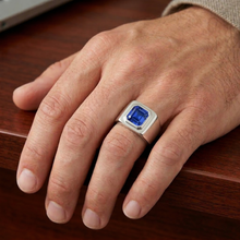 Afbeelding in Gallery-weergave laden, Solitaire herenring 1,50 karaat verzonken set blauwe saffier Asscher Cut