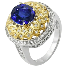 Afbeelding in Gallery-weergave laden, Sprankelende 3.11 ct ovale tanzaniet Natuurlijke echte diamanten ( niet in een laboratorium gekweekt ) ring tweekleurig goud