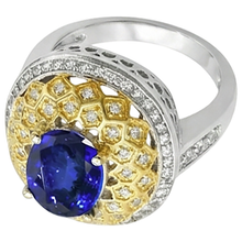 Afbeelding in Gallery-weergave laden, Sprankelende 3.11 ct ovale tanzaniet Natuurlijke echte diamanten ( niet in een laboratorium gekweekt ) ring tweekleurig goud