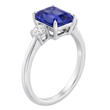 Afbeelding in Gallery-weergave laden, Stralende 3 stenen blauwe saffier ring 1,25 karaat kleine ronde Natuurlijke echte diamant ( niet in het laboratorium gekweekt )en