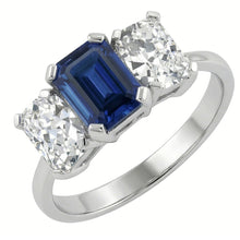 Afbeelding in Gallery-weergave laden, Stralende Natuurlijke echte diamant ( niet in het laboratorium gekweekt )en sieraden Smaragd blauwe saffier 3 stenen ring 3 karaat