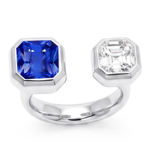 Afbeelding in Gallery-weergave laden, Toi et Moi Asscher Diamond Ring Bezel Set Radiant Sapphire 2,50 karaat