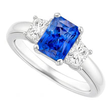 Afbeelding in Gallery-weergave laden, Trapezium Diamond Blue Sapphire Ring Radiant Cut 3 karaat drie steen