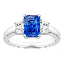 Afbeelding in Gallery-weergave laden, Trapezium Diamond Blue Sapphire Ring Radiant Cut 3 karaat drie steen