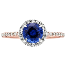 Afbeelding in Gallery-weergave laden, Twee Kleurige Blauwe Saffier Halo Diamant Ring Prong Set