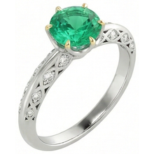 Afbeelding in Gallery-weergave laden, Fijne Smaragd Rond Briljant Edelsteen Ring in Bicolor 14K Goud – hoekaanzicht
