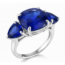 Afbeelding in Gallery-weergave laden, Verborgen Halo Kussen & Trillion Ceylonese Saffier Natuurlijke uit de aarde gewonnen Diamanten Ring WG 14K