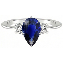 Afbeelding in Gallery-weergave laden, Verlovingsring met 3 stenen Peer Ceylon Saffier & Diamanten 4 karaat