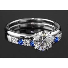 Afbeelding in Gallery-weergave laden, Verlovingsring Set 2,75 Karaat Ronde Echt Diamant En Blauwe Saffier 4 Tanden