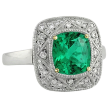 Afbeelding in Gallery-weergave laden, Cushion Slijpvorm Colombiaanse Smaragd ring in Bicolor 14K Goud – hoekaanzicht