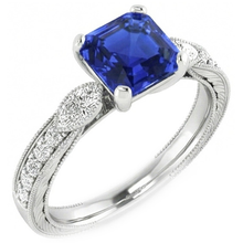 Afbeelding in Gallery-weergave laden, Vintage Stijl Edelsteen Ring Asscher Blauwe Saffier Met Accenten 3 Karaat
