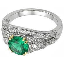 Afbeelding in Gallery-weergave laden, Rond Briljant Fijne Smaragd ring in Tweekleurig 14K Goud – hoekaanzicht
