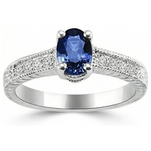 Afbeelding in Gallery-weergave laden, Vintage stijl Ceylon saffier Natuurlijke echte diamanten ( niet in een laboratorium gekweekt ) ring 2 karaat wit goud 14K