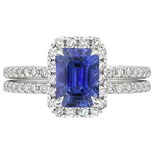 Afbeelding in Gallery-weergave laden, Witgouden Halo Ring smaragd Blauwe Saffier & Diamant 5 Karaat