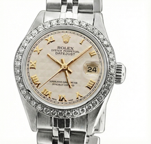 Afbeelding in Gallery-weergave laden, Witte Romeinse wijzerplaat, datum, diamanten armband, Rolex dameshorloge