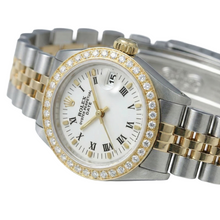 Afbeelding in Gallery-weergave laden, Witte Romeinse wijzerplaat met diamanten rand Rolex Datum Dameshorloge Tweekleurig jubileum