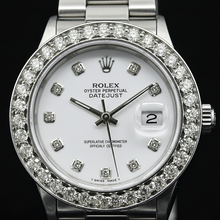 Afbeelding in Gallery-weergave laden, Witte wijzerplaat aangepaste diamant grote rand Rolex Datumjust horloge roestvrij staal