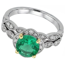 Afbeelding in Gallery-weergave laden, Fijne Smaragd Rond Briljant Edelsteen Ring in 14 Karaat Tweekleurig Goud – vooraanzicht