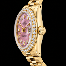 Afbeelding in Gallery-weergave laden, Geelgoud President Rolex 31 mm Bordeaux Parelmoer Diamanten Wijzerplaat Horloge