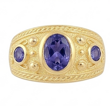 Afbeelding in Gallery-weergave laden, Zigeuner 14K ovale Sri Lanka paarse saffier 3 karaat herenring geelgouden band