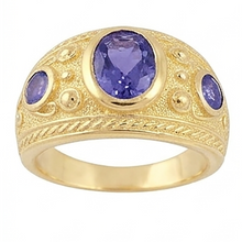 Afbeelding in Gallery-weergave laden, Zigeuner 14K ovale Sri Lanka paarse saffier 3 karaat herenring geelgouden band
