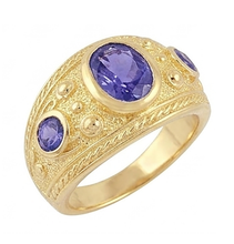 Afbeelding in Gallery-weergave laden, Zigeuner 14K ovale Sri Lanka paarse saffier 3 karaat herenring geelgouden band