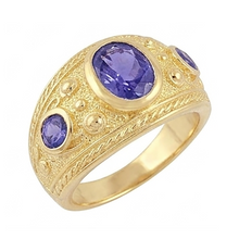 Afbeelding in Gallery-weergave laden, Zigeuner 14K ovale Sri Lanka paarse saffier 3 karaat herenring geelgouden band