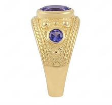 Afbeelding in Gallery-weergave laden, Zigeuner 14K ovale Sri Lanka paarse saffier 3 karaat herenring geelgouden band