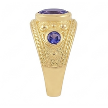 Afbeelding in Gallery-weergave laden, Zigeuner 14K ovale Sri Lanka paarse saffier 3 karaat herenring geelgouden band