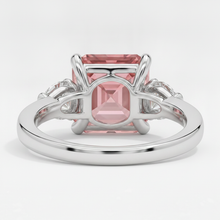 Afbeelding in Gallery-weergave laden, Padparadscha saffieren ring 3,6 karaat echte Asscher en witte trilliant driesteens platina