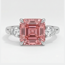 Afbeelding in Gallery-weergave laden, Padparadscha saffieren ring 3,6 karaat echte Asscher en witte trilliant driesteens platina