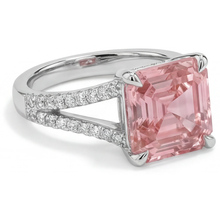 Afbeelding in Gallery-weergave laden, Perzikkleurige saffier 3,8 karaat natuurlijke Asscher padparadscha pavé ring 14k witgoud