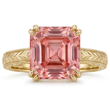 Afbeelding in Gallery-weergave laden, Perziksaffier verlovingsring 3,5 karaat natuurlijke Asscher padparadscha solitair 14k geelgoud