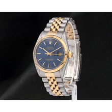Afbeelding in Gallery-weergave laden, blauwe stok wijzerplaat gecanneleerde rand Rolex Datumjust herenhorloge tweekleurige snel ingesteld
