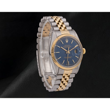 Afbeelding in Gallery-weergave laden, blauwe stok wijzerplaat gecanneleerde rand Rolex Datumjust herenhorloge tweekleurige snel ingesteld