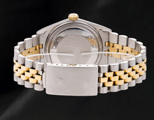 Afbeelding in Gallery-weergave laden, blauwe stok wijzerplaat gecanneleerde rand Rolex Datumjust herenhorloge tweekleurige snel ingesteld
