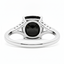 Afbeelding in Gallery-weergave laden, Zwarte diamanten ring, 3,2 karaat, echte kussenslijpvorm, pavé, kathedraal, 14k witgoud