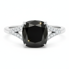 Afbeelding in Gallery-weergave laden, Zwarte diamanten ring, 3,2 karaat, echte kussenslijpvorm, pavé, kathedraal, 14k witgoud