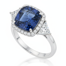 Afbeelding in Gallery-weergave laden, Saffieren verlovingsring 3,5 karaat natuurlijk kussenslijpsel blauw halo platina