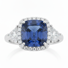 Afbeelding in Gallery-weergave laden, Saffieren verlovingsring 3,5 karaat natuurlijk kussenslijpsel blauw halo platina