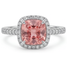 Afbeelding in Gallery-weergave laden, Vintage Padparadscha Saffier Ring 2,8 Karaat Echte Kussengeslepen Halo Pavé 14k Witgoud