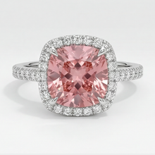 Afbeelding in Gallery-weergave laden, Halo pavé ring van 14k witgoud met natuurlijke kussengeslepen padparadscha perziksaffier van 2,8 karaat