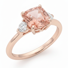 Afbeelding in Gallery-weergave laden, Perzikkleurige saffier 2,9 karaat natuurlijke kussengeslepen padparadscha en witte halvemaan driesteens ring 14K Roségoud