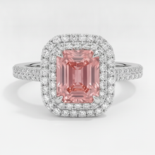 Afbeelding in Gallery-weergave laden, Padparadscha saffier ring 3,8 karaat natuurlijke smaragd dubbele halo 14k witgoud