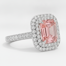 Afbeelding in Gallery-weergave laden, Padparadscha saffier ring 3,8 karaat natuurlijke smaragd dubbele halo 14k witgoud