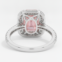 Afbeelding in Gallery-weergave laden, Padparadscha saffier ring 3,8 karaat natuurlijke smaragd dubbele halo 14k witgoud
