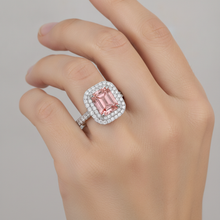 Afbeelding in Gallery-weergave laden, Padparadscha saffier ring 3,8 karaat natuurlijke smaragd dubbele halo 14k witgoud