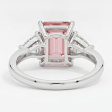 Afbeelding in Gallery-weergave laden, Padparadscha saffier ring 3,6 karaat, echte smaragd en witte triljant, driesteens, platina