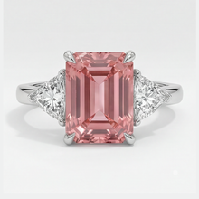 Afbeelding in Gallery-weergave laden, Padparadscha saffier ring 3,6 karaat, echte smaragd en witte triljant, driesteens, platina
